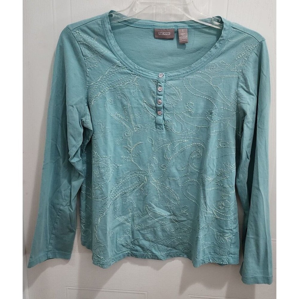 Chico's Women's Long Sleeve Henley Shirt Blue Embroidered Front Size 1 (Medium)